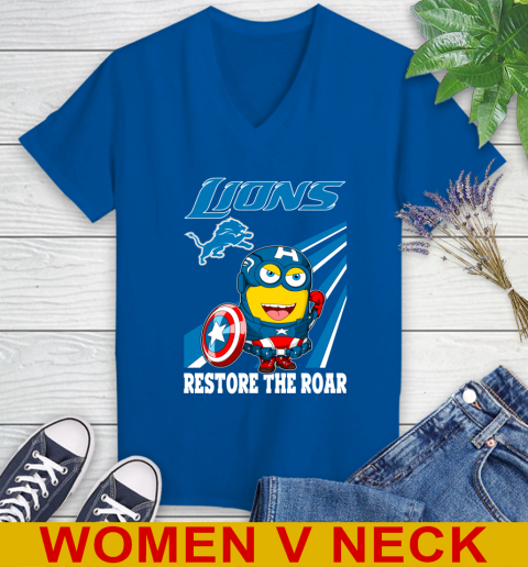 NFL Football Detroit Lions Captain America Marvel Avengers Minion Shirt Women's V-Neck T-Shirt 9
