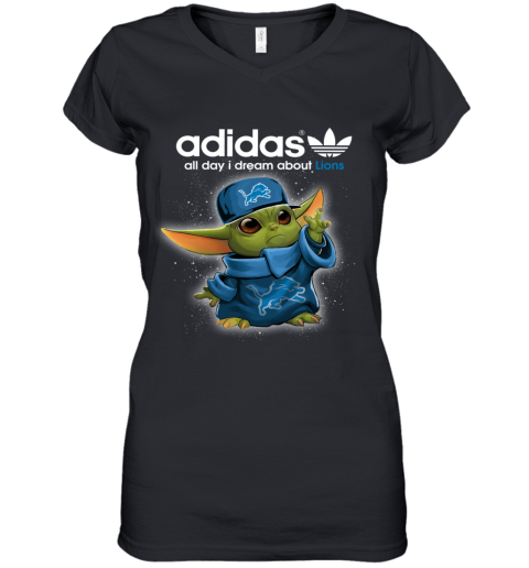 The Baby Yoda Adidas All Day I Dream About Detroit Lions Women's V-Neck T-Shirt