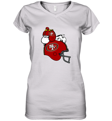 5dqu snoopy and woodstock resting on san francisco 49ers helmet women v neck t shirt 39 front white