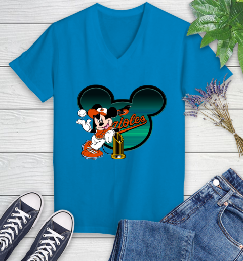 MLB Baltimore Orioles The Commissioner's Trophy Mickey Mouse Disney Women's V-Neck T-Shirt 7