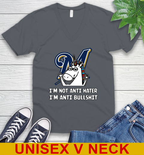 Milwaukee Brewers MLB Baseball Unicorn I'm Not Anti Hater I'm Anti Bullshit V-Neck T-Shirt 5