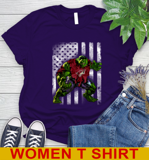 Arizona Coyotes Hulk Marvel Avengers NHL Hockey American Flag Women's T-Shirt 4