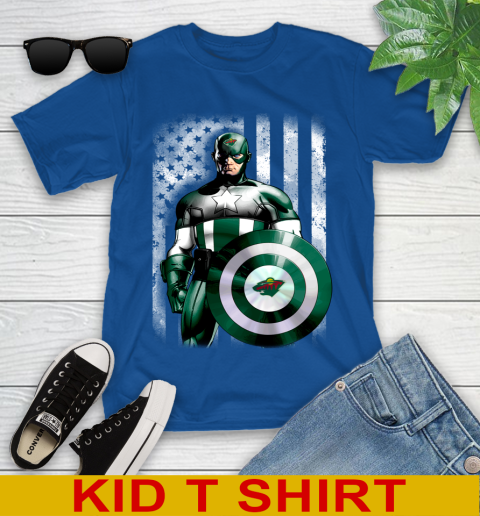 Minnesota Wild NHL Hockey Captain America Marvel Avengers American Flag Shirt Youth T-Shirt - Image 11