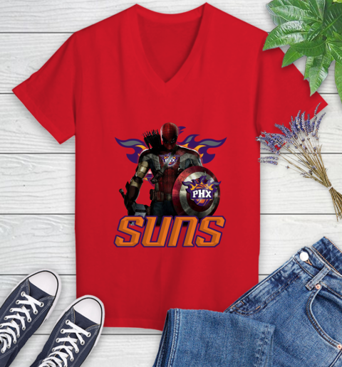 Phoenix Suns NBA Basketball Captain America Thor Spider Man Hawkeye Avengers Women's V-Neck T-Shirt 12