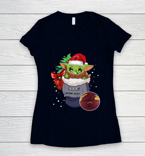 Miami Heat Christmas Baby Yoda Star Wars Funny Happy NBA Women's V-Neck T-Shirt 3