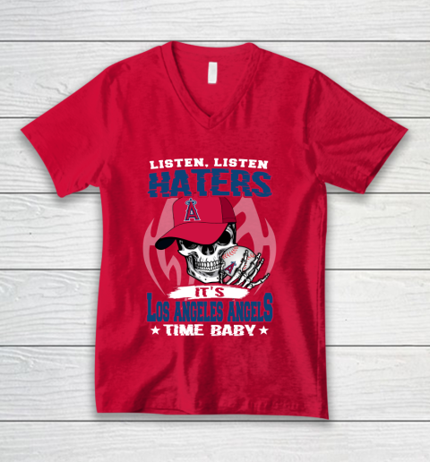 Listen Haters It is ANGELS Time Baby MLB V-Neck T-Shirt 6