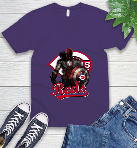 MLB Captain America Thor Spider Man Hawkeye Avengers Endgame Baseball Cincinnati Reds V-Neck T-Shirt 10