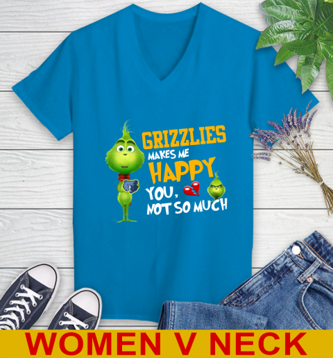 NBA Memphis Grizzlies Makes Me Happy You Not So Much Grinch Basketball Sports Women's V-Neck T-Shirt 7