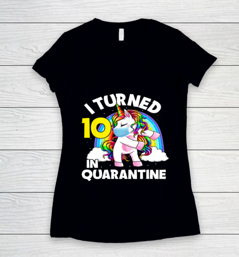I Turned 10 In Quarantine Flossing Unicorn 10th Birthday Women's V-Neck T-Shirt