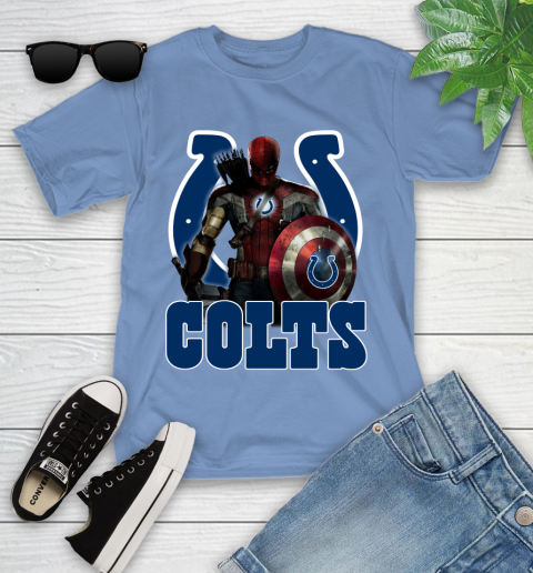 NFL Captain America Thor Spider Man Hawkeye Avengers Endgame Football Indianapolis Colts Youth T-Shirt 11