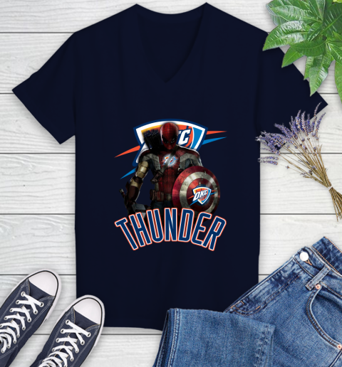 Oklahoma City Thunder NBA Basketball Captain America Thor Spider Man Hawkeye Avengers Women's V-Neck T-Shirt 3