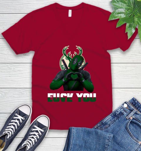 NBA Milwaukee Bucks Deadpool Love You Fuck You Basketball Sports V-Neck T-Shirt 7