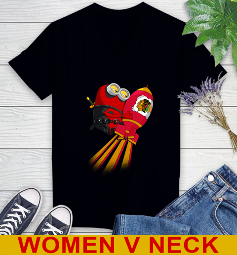 NHL Hockey Chicago Blackhawks Deadpool Minion Marvel Shirt Women's V-Neck T-Shirt
