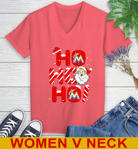 Miami Marlins MLB Baseball Ho Ho Ho Santa Claus Merry Christmas Shirt Women's V-Neck T-Shirt 6