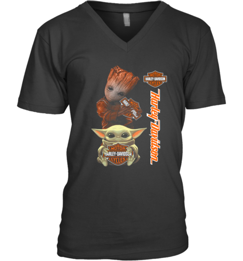 Baby Groot And Baby Yoda Hug Harley Davidson V-Neck T-Shirt