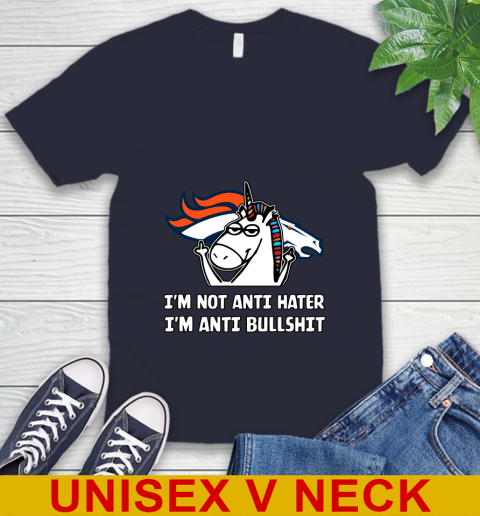 Denver Broncos NFL Football Unicorn I'm Not Anti Hater I'm Anti Bullshit V-Neck T-Shirt 3