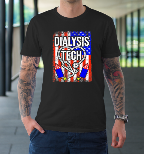 Dialysis Tech 4th Of July American Flag Stethoscope Sparkler T-Shirt