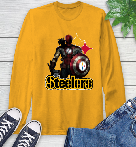 NFL Captain America Thor Spider Man Hawkeye Avengers Endgame Football Pittsburgh Steelers Long Sleeve T-Shirt 3