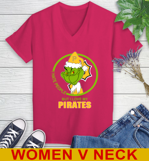 Pittsburgh Pirates MLB Christmas Grinch I Hate People But I Love My Favorite Baseball Team Women's V-Neck T-Shirt 10