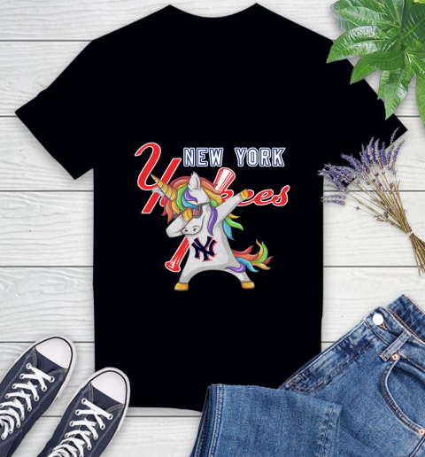 New York Yankees MLB Baseball Funny Unicorn Dabbing Sports Women's V-Neck T-Shirt 2