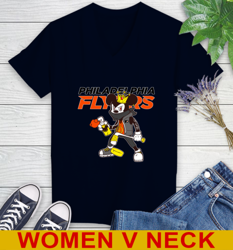 Philadelphia Flyers NHL Hockey Mickey Peace Sign Sports Women's V-Neck T-Shirt 3