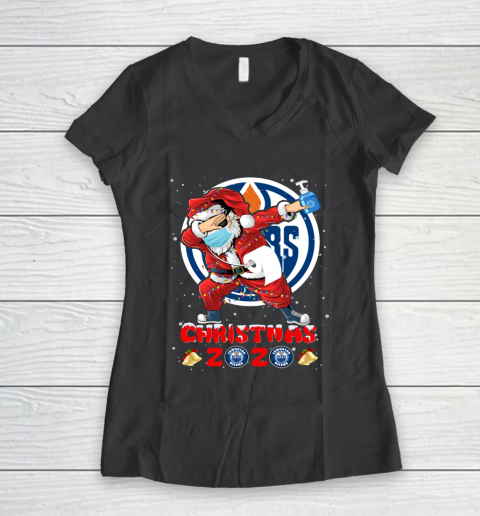 Edmonton Oilers Funny Santa Claus Dabbing Christmas 2020 NHL Women's V-Neck T-Shirt 6