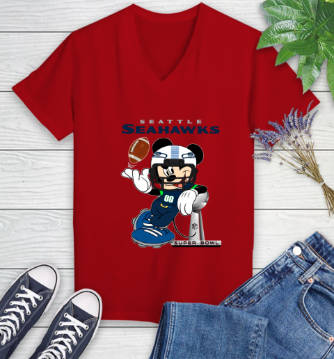 NFL Seattle Seahawks Mickey Mouse Disney Super Bowl Football T Shirt Women's V-Neck T-Shirt 12