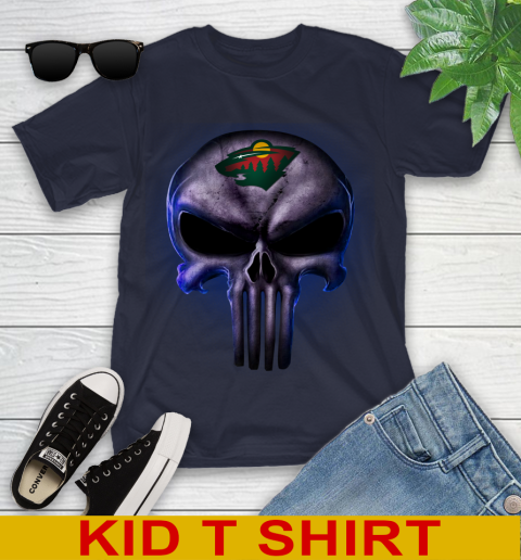 Minnesota Wild NHL Hockey Punisher Skull Sports Youth T-Shirt 2