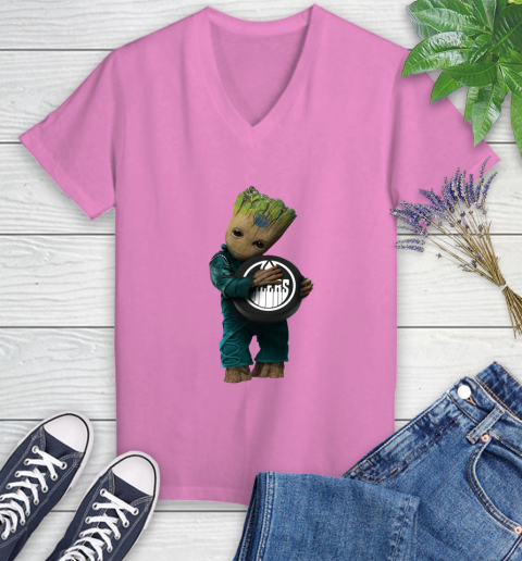 NHL Groot Guardians Of The Galaxy Hockey Sports Edmonton Oilers Women's V-Neck T-Shirt 14