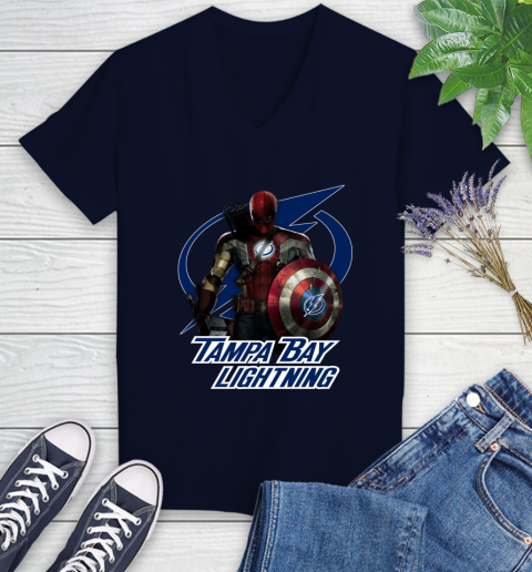 NHL Captain America Thor Spider Man Hawkeye Avengers Endgame Hockey Tampa Bay Lightning Women's V-Neck T-Shirt 3