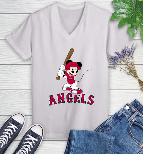MLB Baseball Los Angeles Angels Cheerful Mickey Mouse Shirt Women's V-Neck T-Shirt 2
