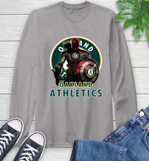 MLB Captain America Thor Spider Man Hawkeye Avengers Endgame Baseball Oakland Athletics Long Sleeve T-Shirt 6