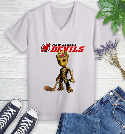 New Jersey Devils NHL Hockey Groot Marvel Guardians Of The Galaxy Women's V-Neck T-Shirt