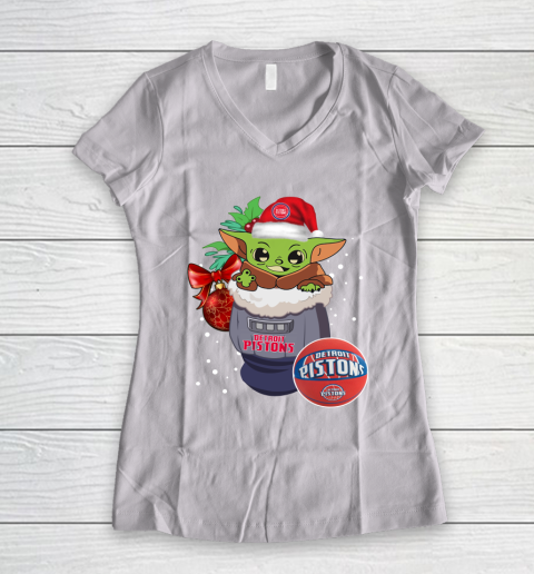 Detroit Pistons Christmas Baby Yoda Star Wars Funny Happy NBA Women's V-Neck T-Shirt 2