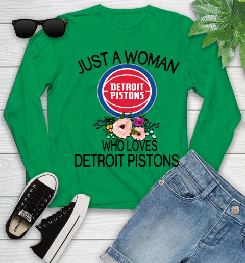 NBA Just A Woman Who Loves Detroit Pistons Basketball Sports Youth Long Sleeve 4