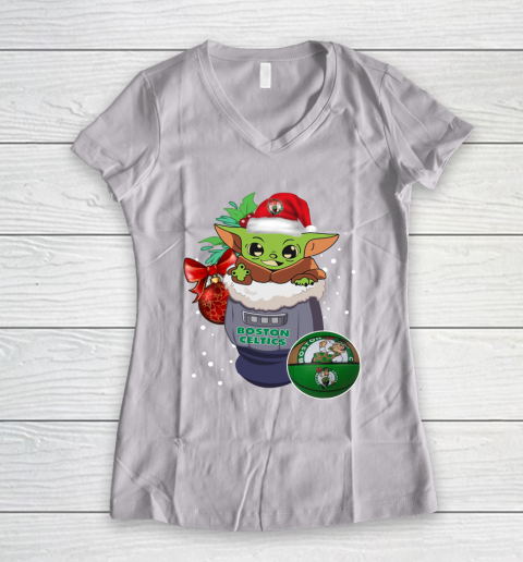 Boston Celtics Christmas Baby Yoda Star Wars Funny Happy NBA Women's V-Neck T-Shirt 2