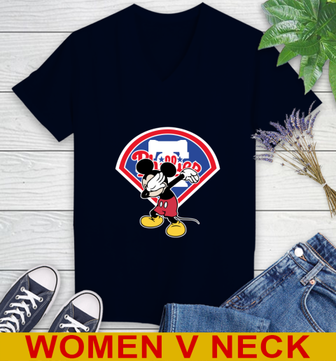 Philadelphia Phillies MLB Baseball Dabbing Mickey Disney Sports Women's V-Neck T-Shirt 3
