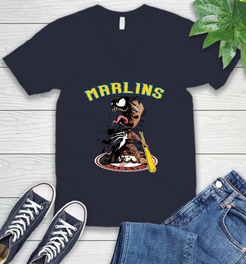MLB Miami Marlins Baseball Venom Groot Guardians Of The Galaxy V-Neck T-Shirt 3