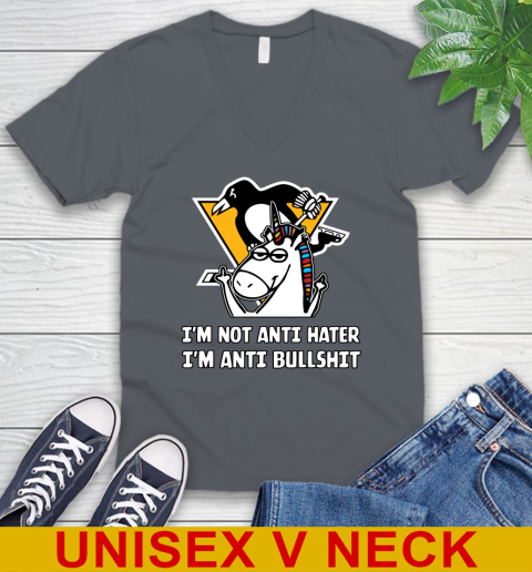 Pittsburgh Penguins NHL Hockey Unicorn I'm Not Anti Hater I'm Anti Bullshit V-Neck T-Shirt 5