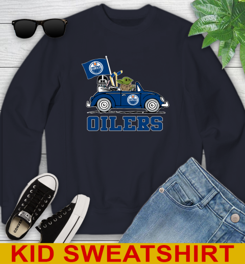 NHL Hockey Edmonton Oilers Darth Vader Baby Yoda Driving Star Wars Shirt Youth Sweatshirt 3