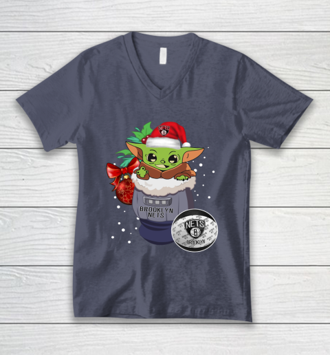 Brooklyn Nets Christmas Baby Yoda Star Wars Funny Happy NBA V-Neck T-Shirt 8