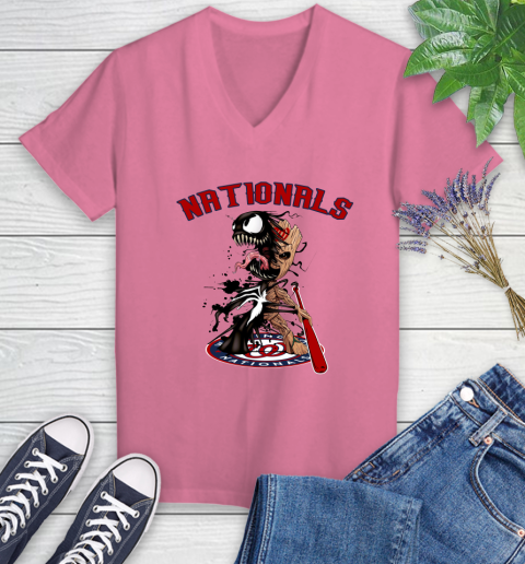 MLB Washington Nationals Baseball Venom Groot Guardians Of The Galaxy Women's V-Neck T-Shirt 13