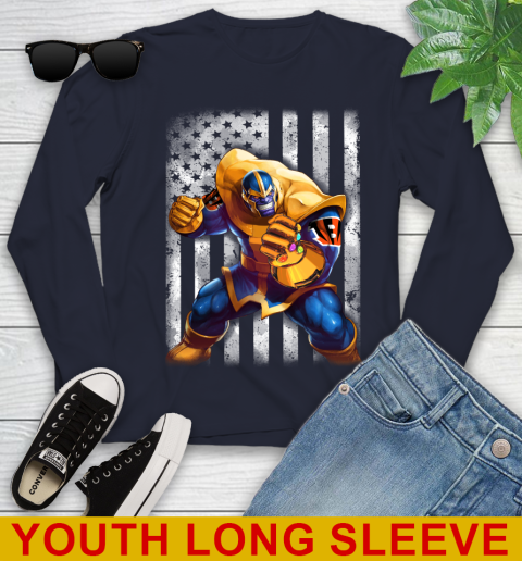 NFL Football Cincinnati Bengals Thanos Marvel American Flag Shirt Youth Long Sleeve 2