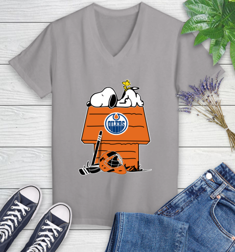 Edmonton Oilers NHL Hockey Snoopy Woodstock The Peanuts Movie Women's V-Neck T-Shirt 4