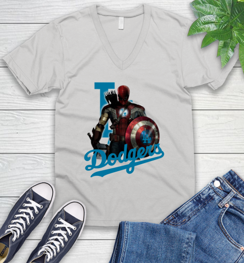 MLB Captain America Thor Spider Man Hawkeye Avengers Endgame Baseball Los Angeles Dodgers V-Neck T-Shirt