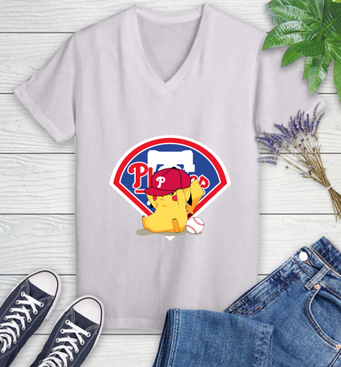 MLB Pikachu Baseball Sports Philadelphia Phillies Women's V-Neck T-Shirt