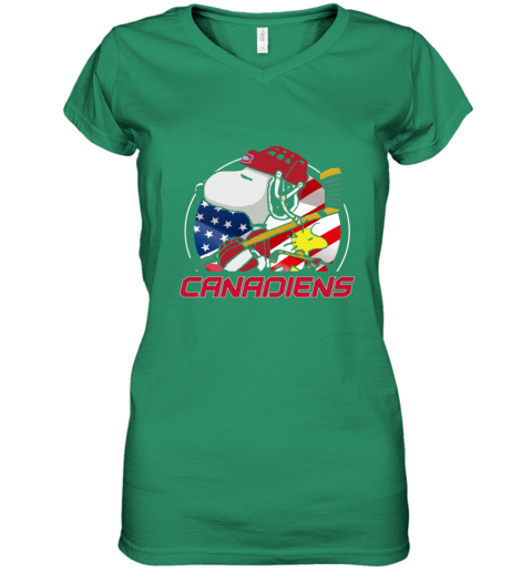 lm7t montreal canadienssnoopy and woodstock nhl women v neck t shirt 39 front irish green