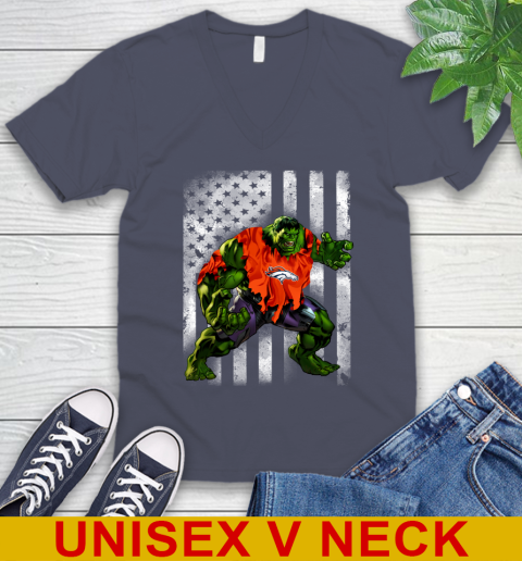 Denver Broncos Hulk Marvel Avengers NFL Football American Flag V-Neck T-Shirt 7
