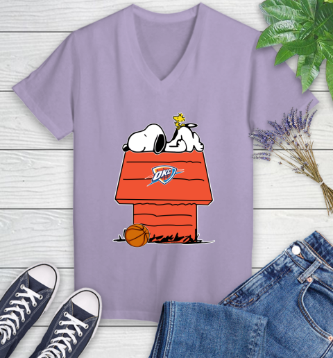 Oklahoma City Thunder NBA Basketball Snoopy Woodstock The Peanuts Movie Women's V-Neck T-Shirt 14