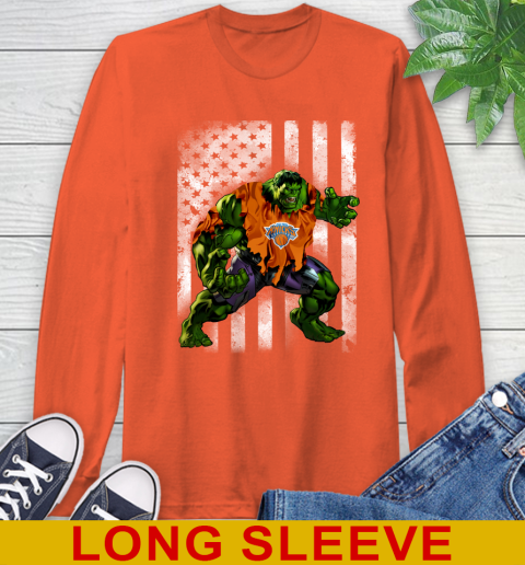 New York Knicks Hulk Marvel Avengers NBA Basketball American Flag Long Sleeve T-Shirt 4
